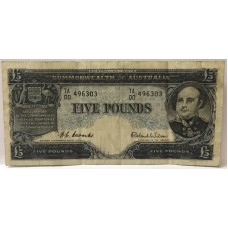 AUSTRALIA 1954 . FIVE 5 POUNDS BANKNOTE . RARE FIRST PREFIX